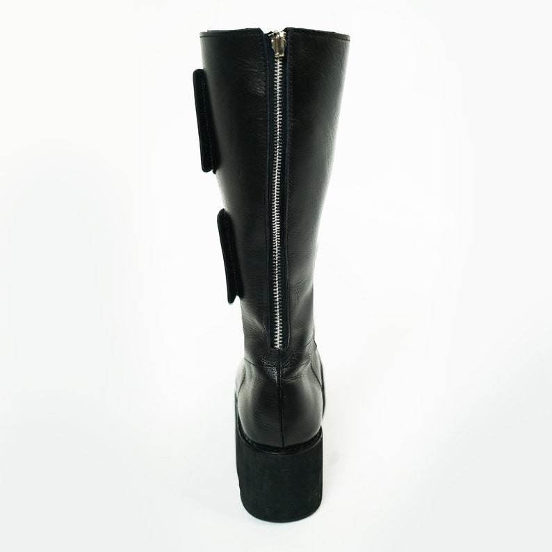 Men's Handmade Leather Knee High Boots With Platform Sole Dark