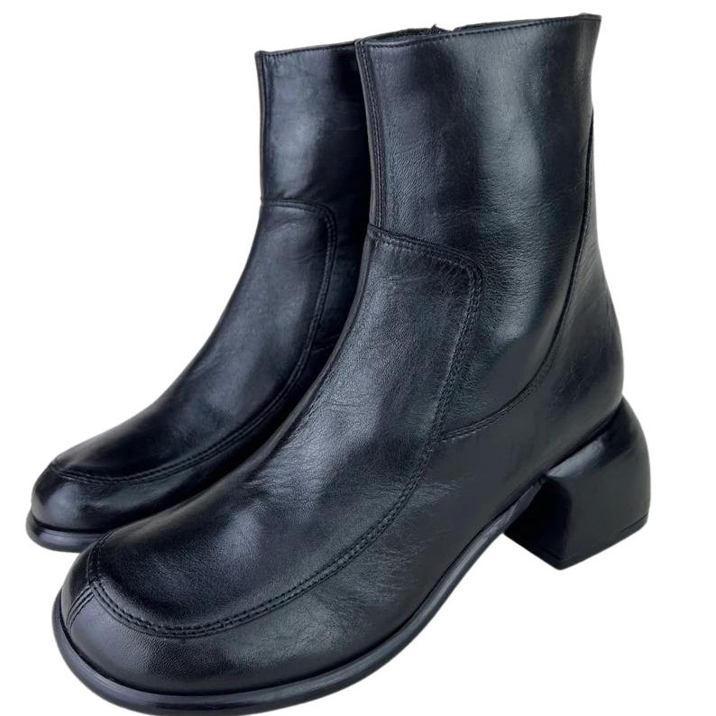 Women's 90s Y2K Square Toe Leather Ankle Boots Vintage 90s Block Heel