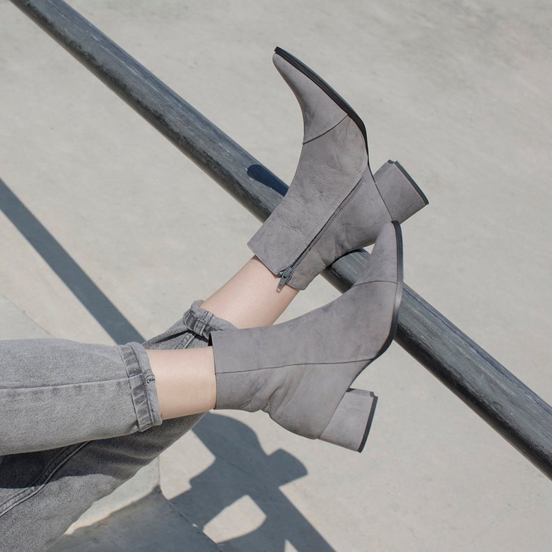 Women's Gray Ankle Leather Boots Pointy Handmade Ankle Booties