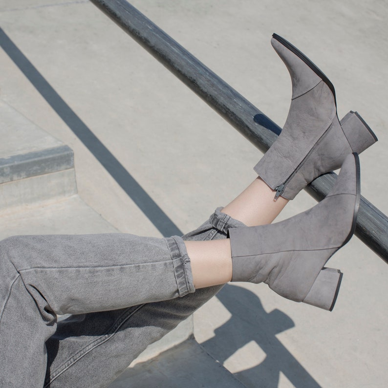 Women's Gray Ankle Leather Boots Pointy Handmade Ankle Booties