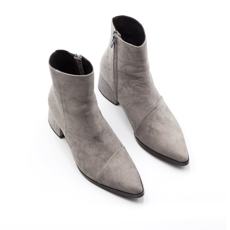 Women's Gray Ankle Leather Boots Pointy Handmade Ankle Booties