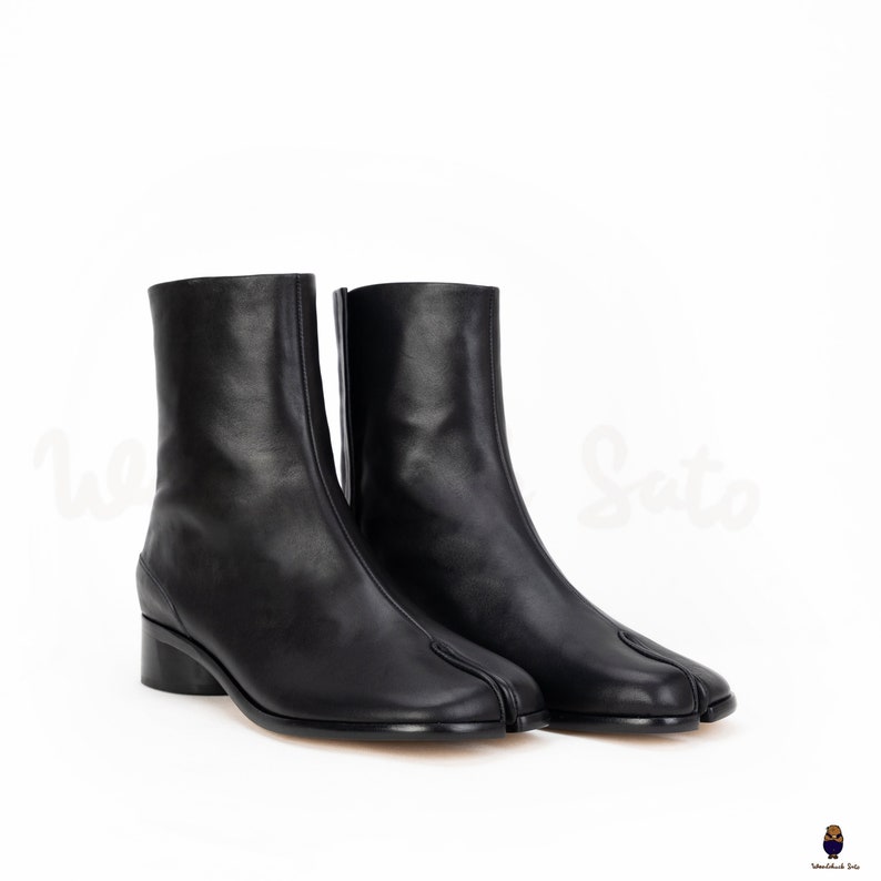 Women's Womens/Leather Tabi Split-toe Black Boots With 3cm Heel