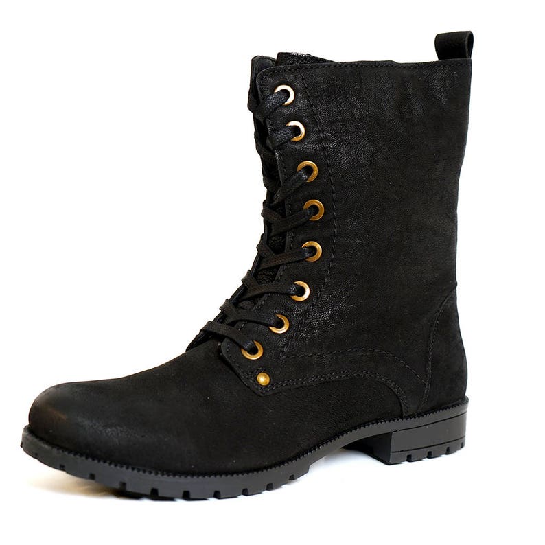 Women's Black Combat Biker Ankle Boots-lace up and Zip Up