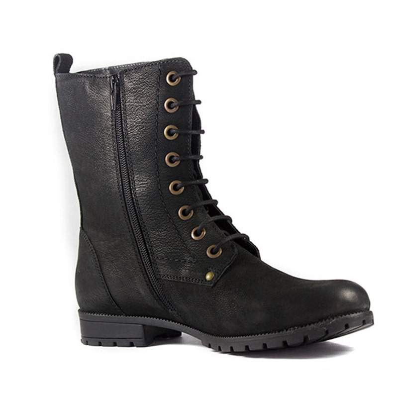 Women's Black Combat Biker Ankle Boots-lace up and Zip Up