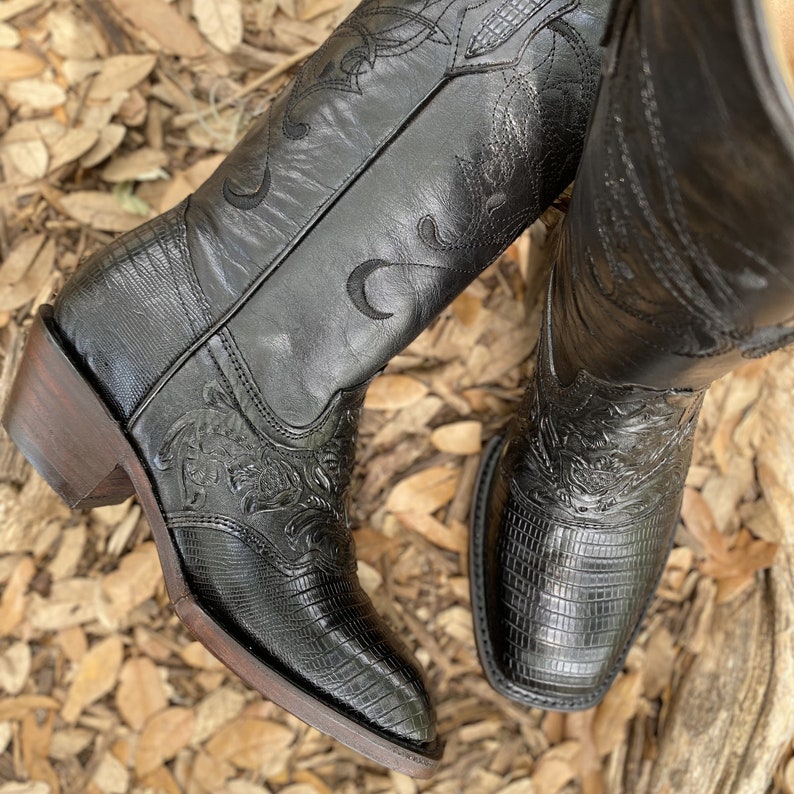 Men's French Hand Tooled Black Boots Black Print Lizard