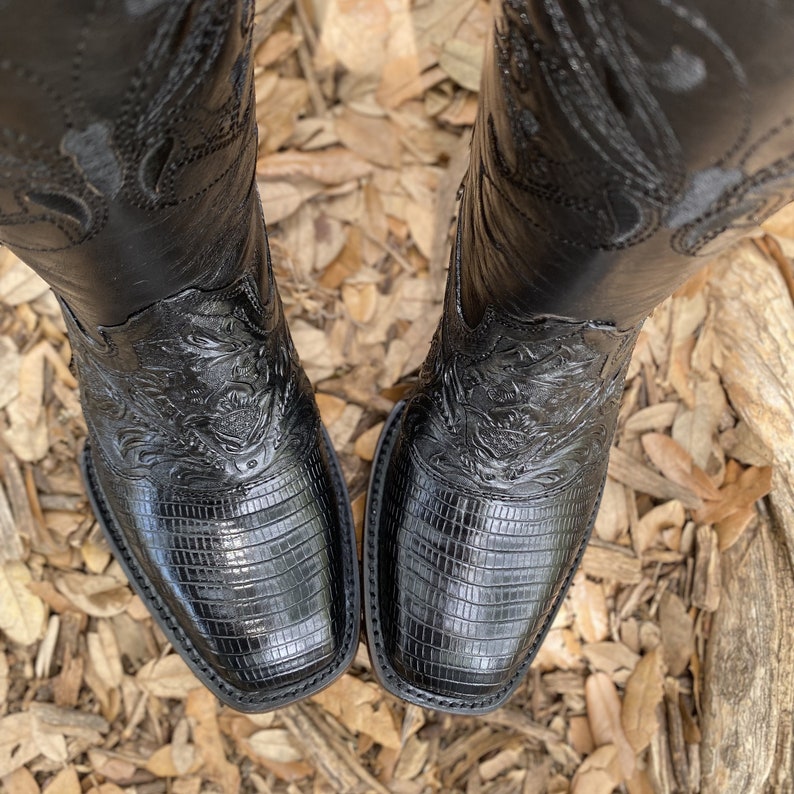 Men's French Hand Tooled Black Boots Black Print Lizard