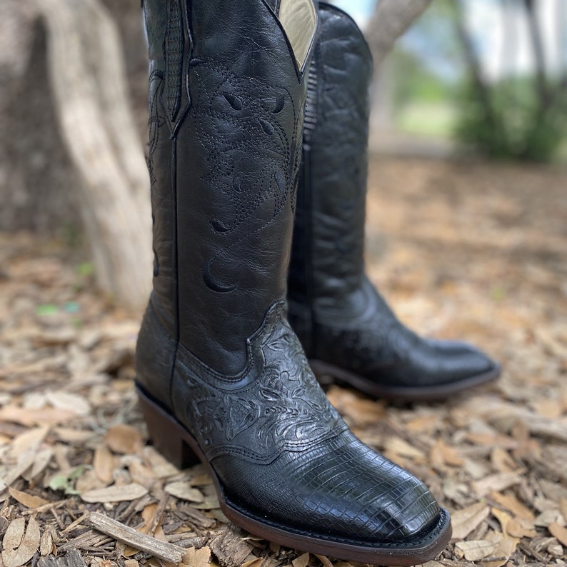 Men's French Hand Tooled Black Boots Black Print Lizard