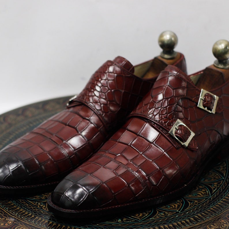 Men's New Handmade Leather Burgundy Crocodile Textured Double Monk