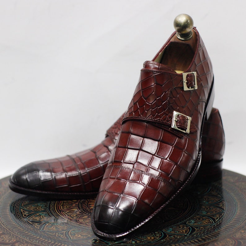 Men's New Handmade Leather Burgundy Crocodile Textured Double Monk