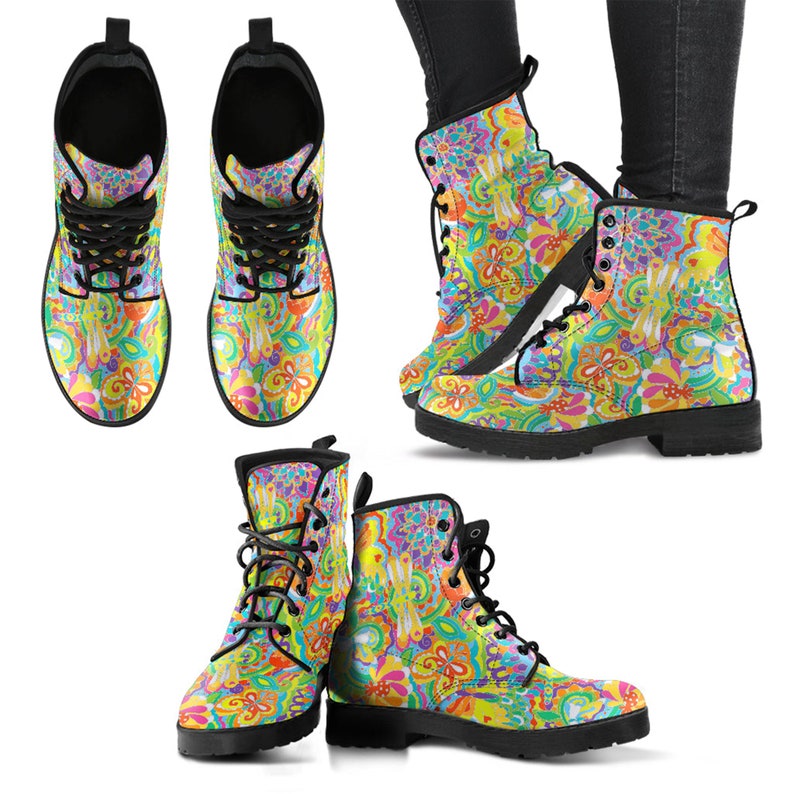 Women's Combat Boots Colorful Dragonfly Handcrafted Leather