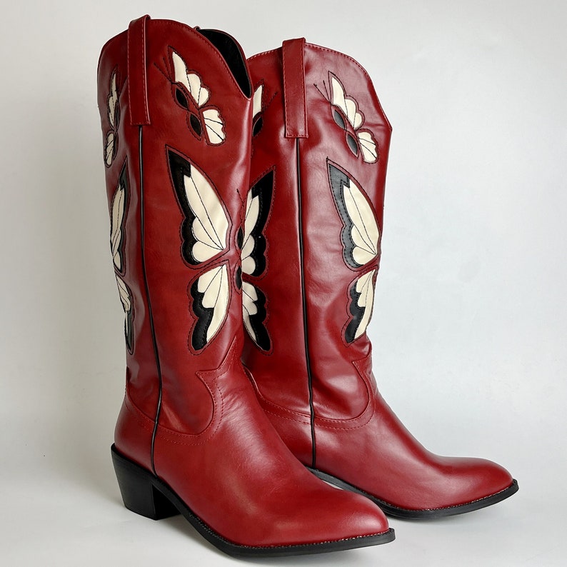 Women's Red Cowboy Boots Butterfly Embroidered Cowgirl Boots Vintage