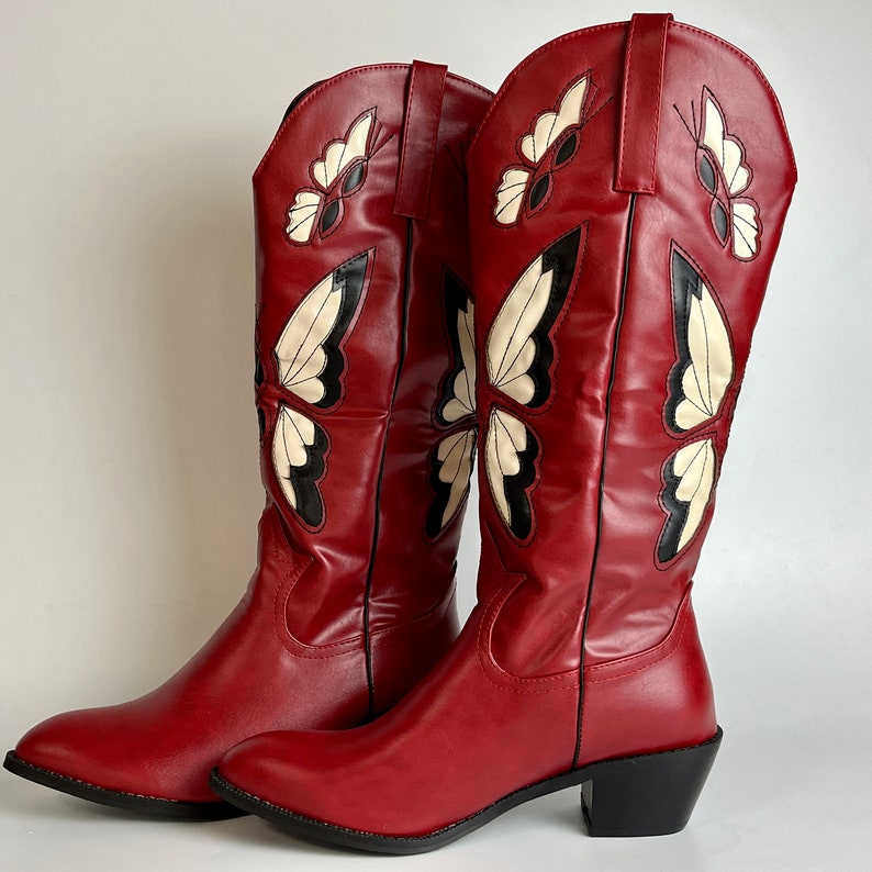 Women's Red Cowboy Boots Butterfly Embroidered Cowgirl Boots Vintage