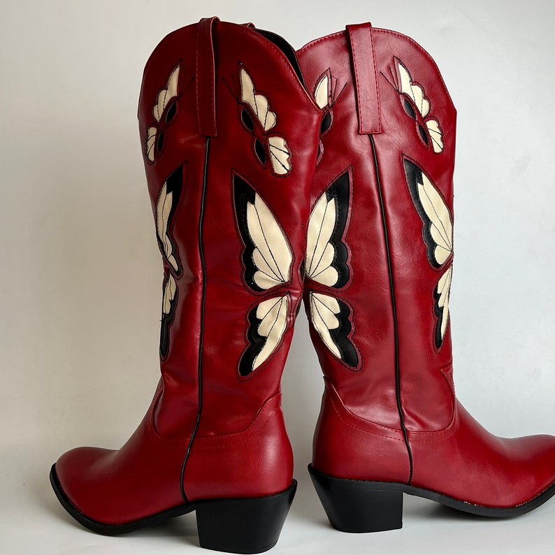 Women's Red Cowboy Boots Butterfly Embroidered Cowgirl Boots Vintage