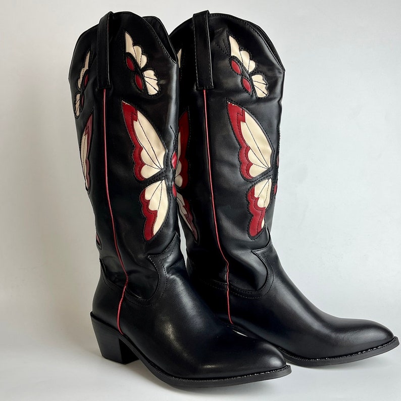 Women's Red Cowboy Boots Butterfly Embroidered Cowgirl Boots Vintage