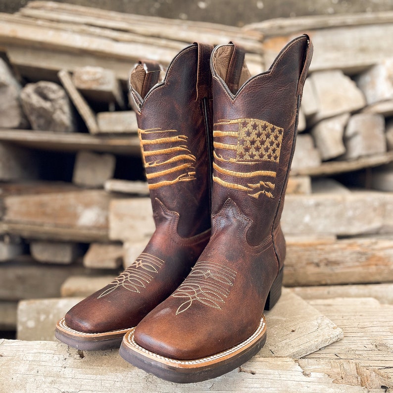 Men's Handcrafted Cowboy Boots USA Flag/ Square Toe Cowboy