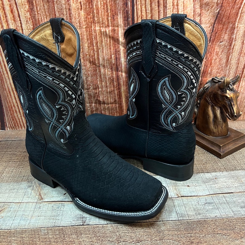 Men's WESTERN COWBOY Matte Black PYTHON Snake Faux Leather