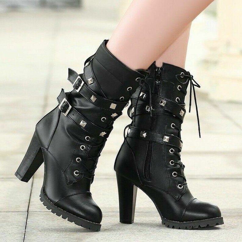 Women's Goth Black Platform Heels Faux Leather Lace-up Boots Urban