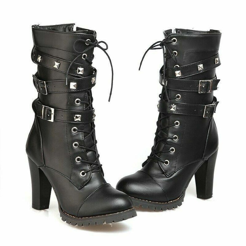 Women's Goth Black Platform Heels Faux Leather Lace-up Boots Urban