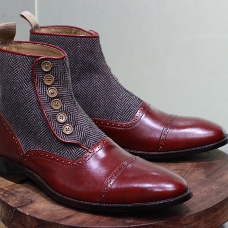 Men's Handmade Leather Shoes Burgundy Leather and Tweed Ankle High