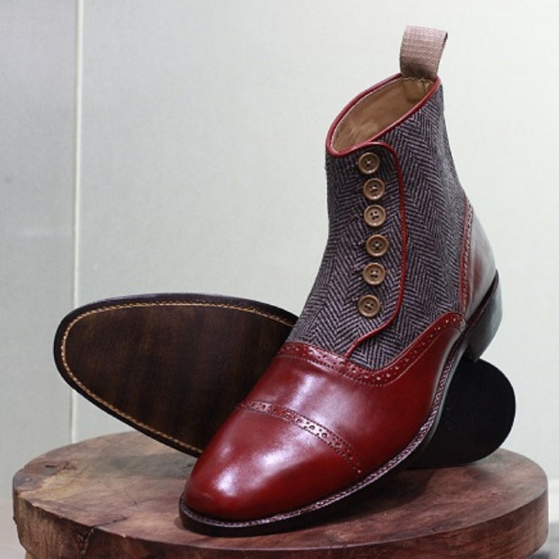 Men's Handmade Leather Shoes Burgundy Leather and Tweed Ankle High