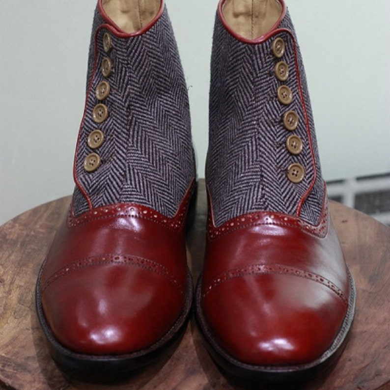 Men's Handmade Leather Shoes Burgundy Leather and Tweed Ankle High