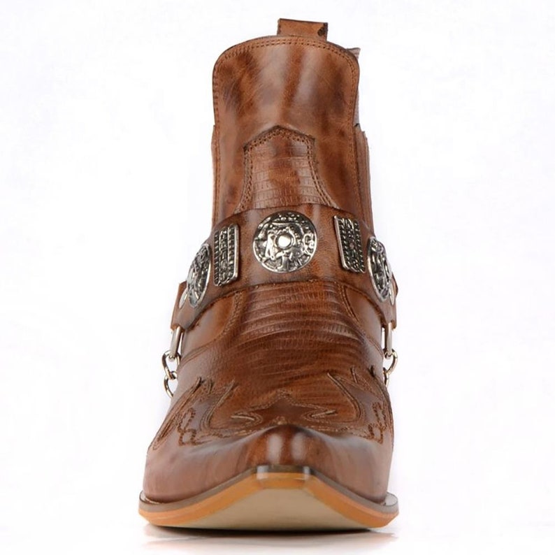 Men's Footcourt Cowboy Ankle Boots Tan Western Boots Genuine