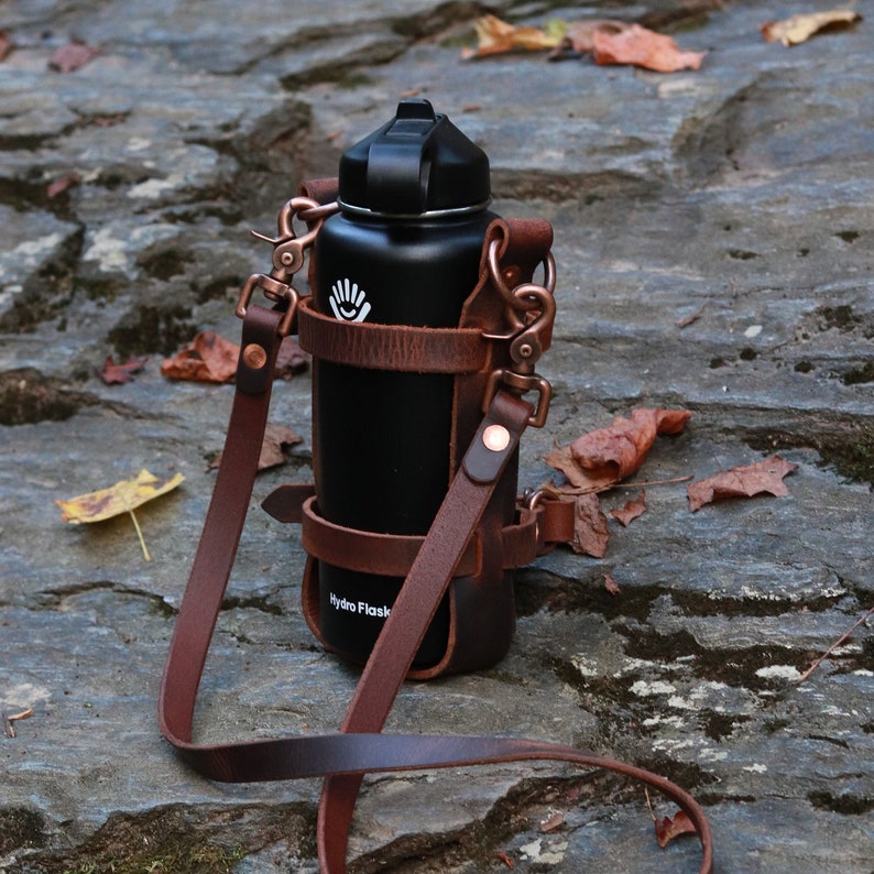 Men's Adjustable Leather Water Bottle Carrier W/ Shoulder Strap