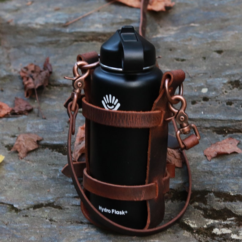 Men's Adjustable Leather Water Bottle Carrier W/ Shoulder Strap