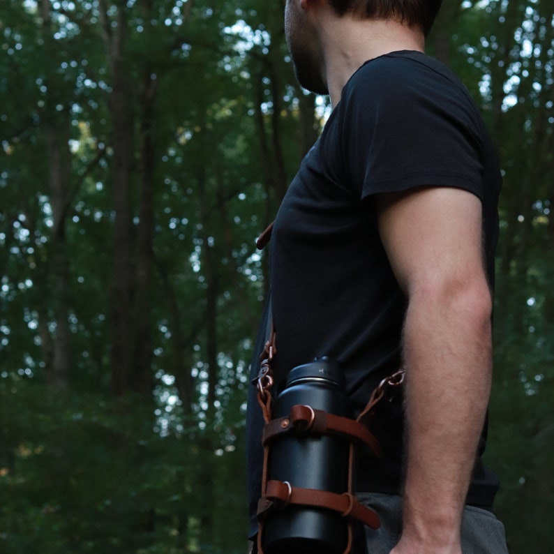 Men's Adjustable Leather Water Bottle Carrier W/ Shoulder Strap