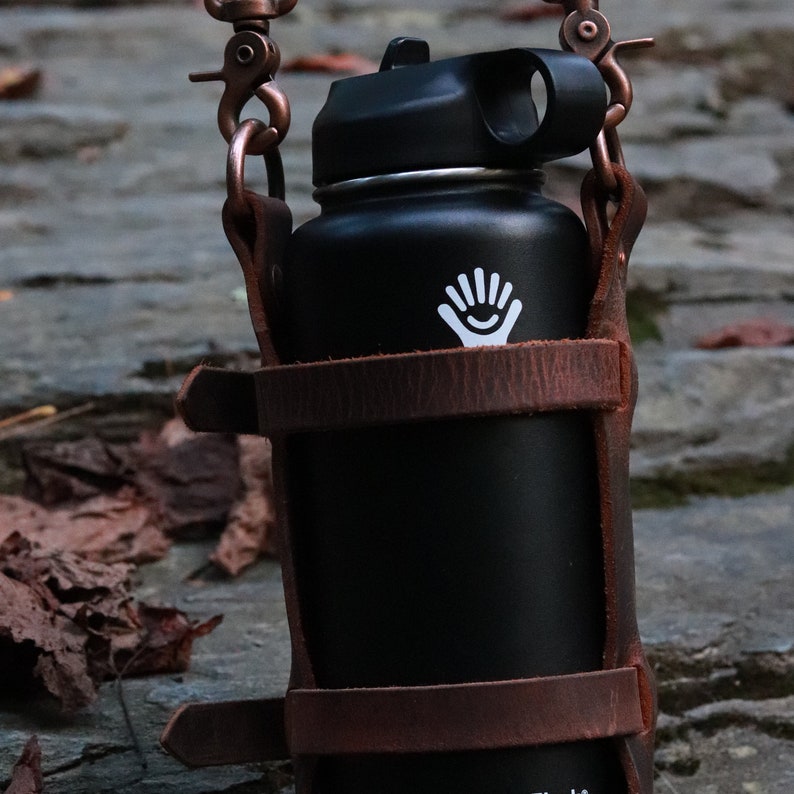 Men's Adjustable Leather Water Bottle Carrier W/ Shoulder Strap