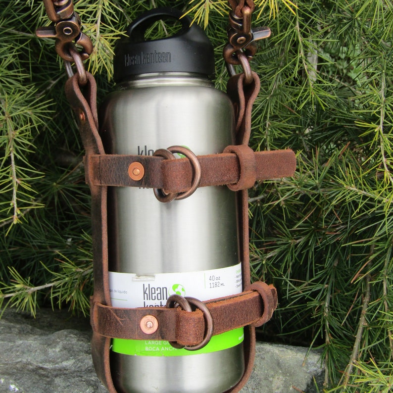 Men's Adjustable Leather Water Bottle Carrier W/ Shoulder Strap