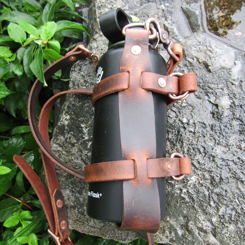 Men's Adjustable Leather Water Bottle Carrier W/ Shoulder Strap