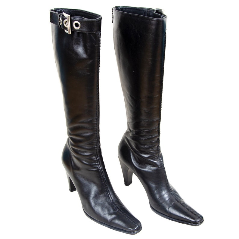 Women's Vintage Prada Black Leather Boots / Prada Buckle Pointy Square