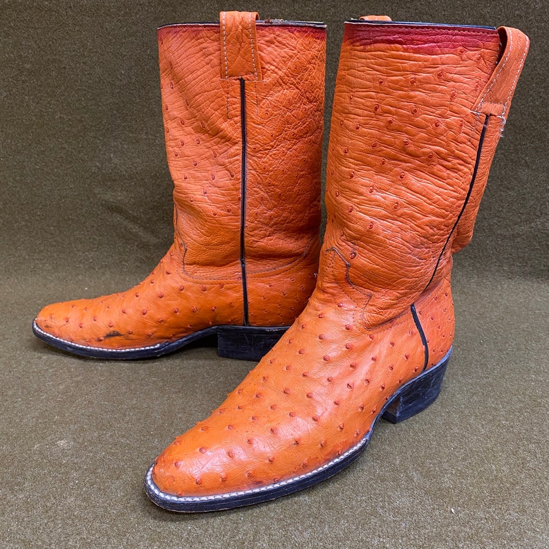 Men's Orange Ostrich Cowboy Western Ranch Exotic Leather Boots Size