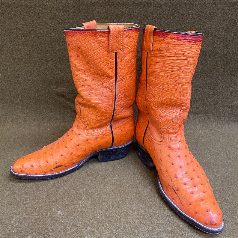 Men's Orange Ostrich Cowboy Western Ranch Exotic Leather Boots Size