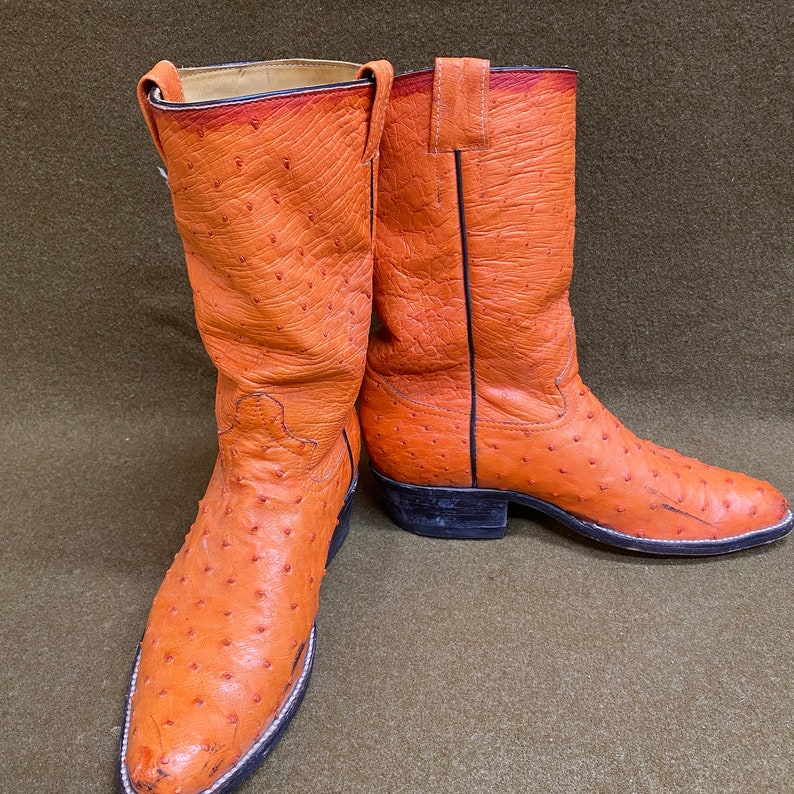 Men's Orange Ostrich Cowboy Western Ranch Exotic Leather Boots Size