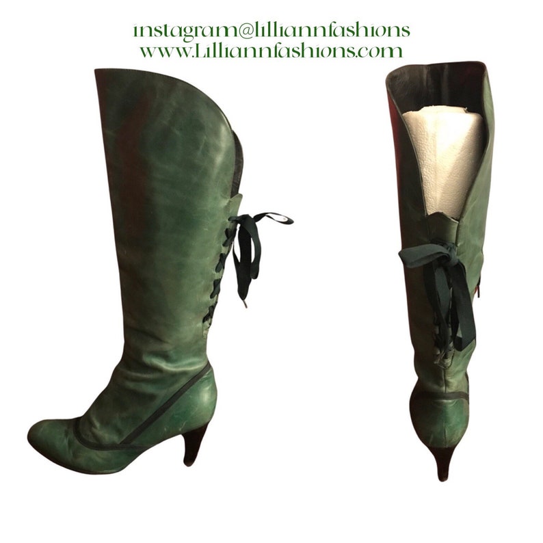 Women's Green Distressed Leather Corset Boots Victorian Romantic Style