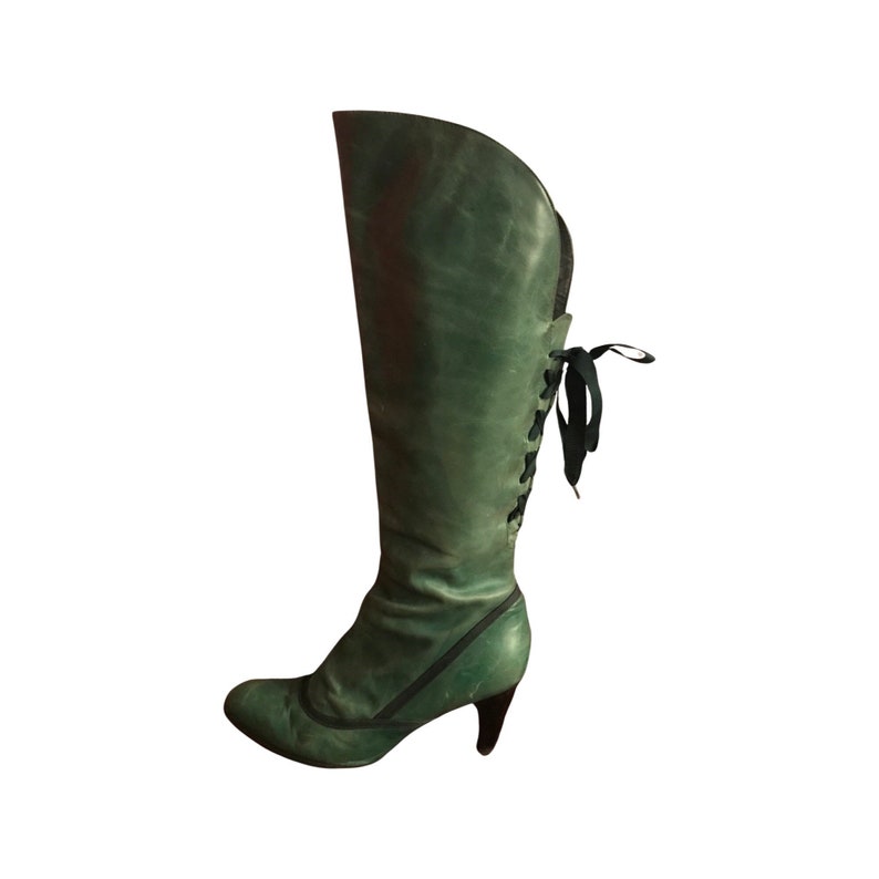 Women's Green Distressed Leather Corset Boots Victorian Romantic Style