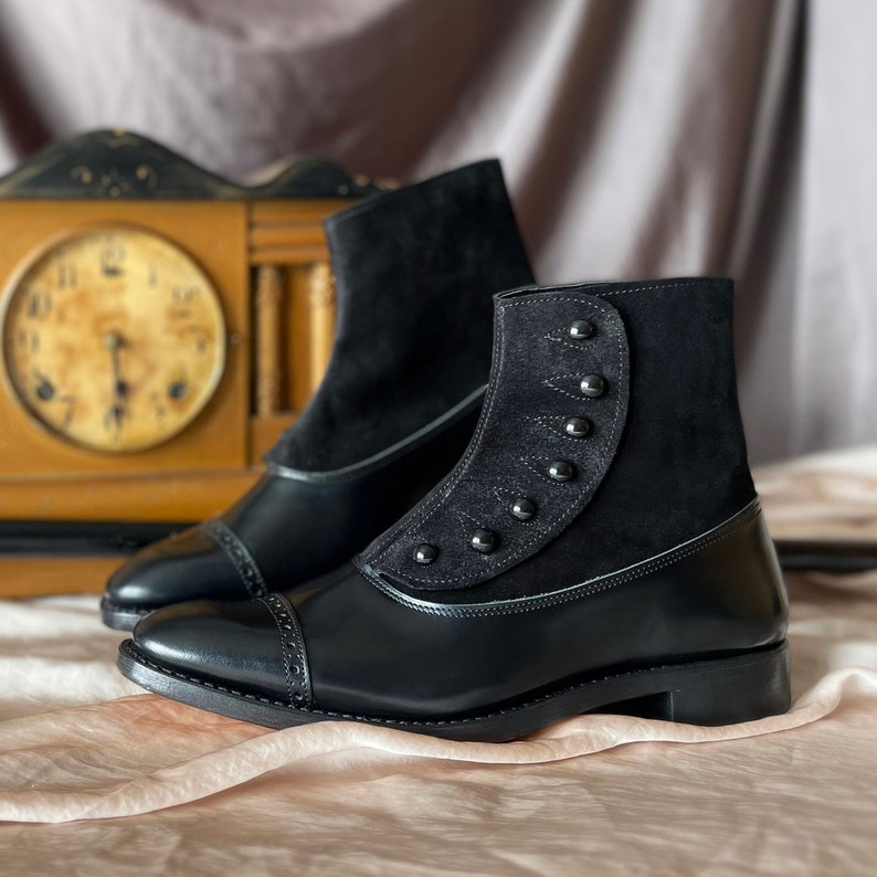 Men's All Black Leather and Suede Victorian Button Boots