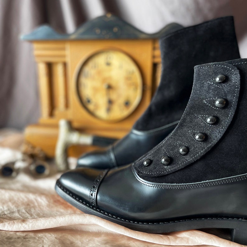 Men's All Black Leather and Suede Victorian Button Boots