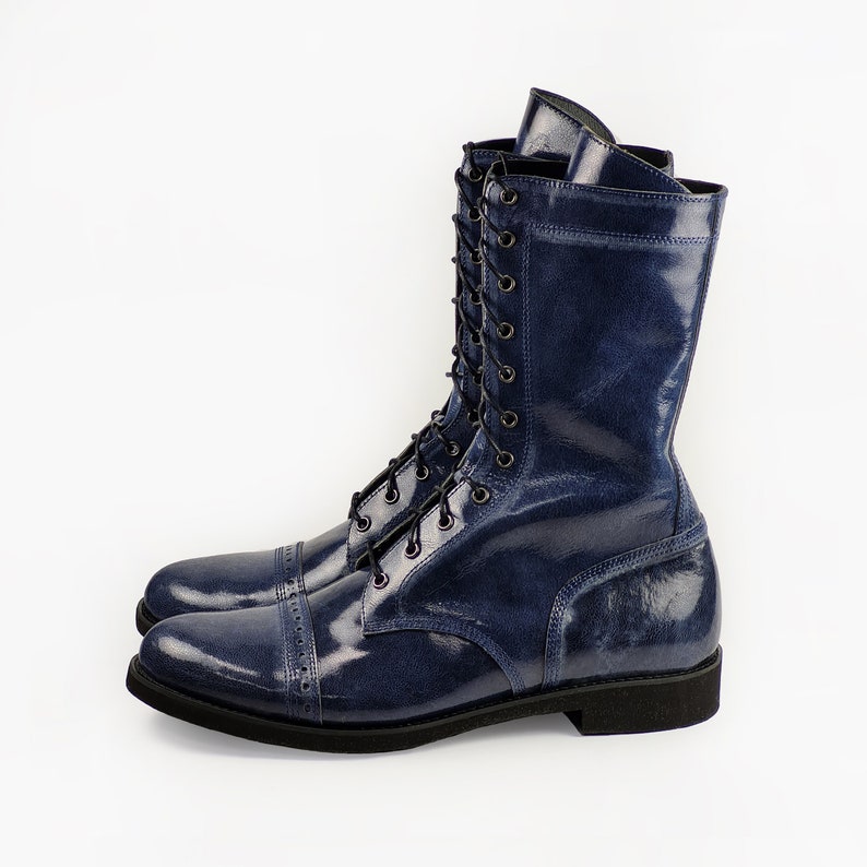 Men's Handmade Blue Patent Leather Biker Boots