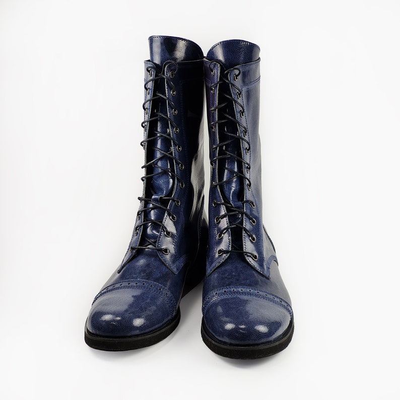 Men's Handmade Blue Patent Leather Biker Boots