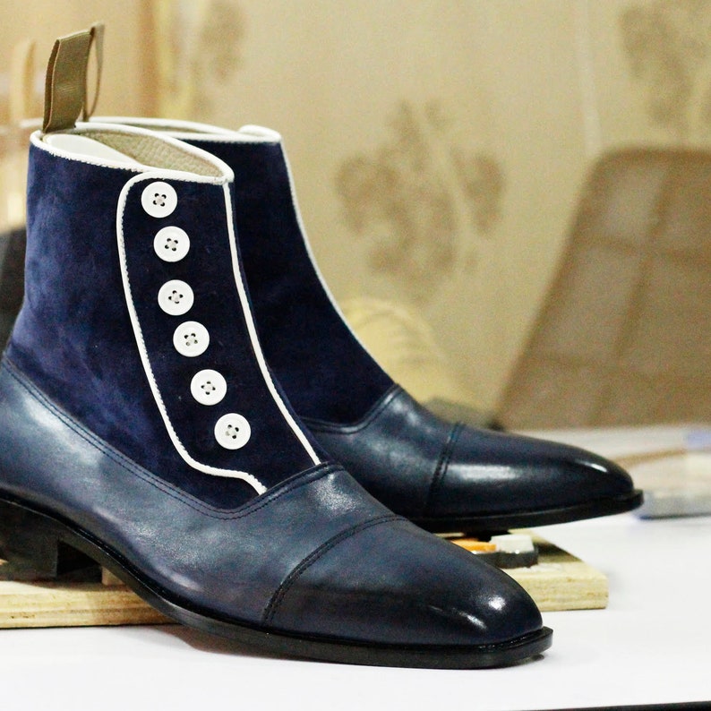 Men's Handmade Leather & Suede Button Top Boots Bespoke Navy Dress