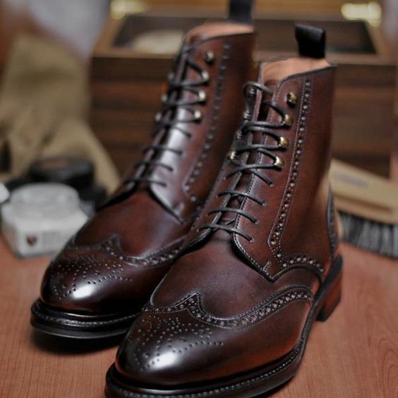 Men's Pure Handmade Dark Brown Leather Wingtip Lace-up