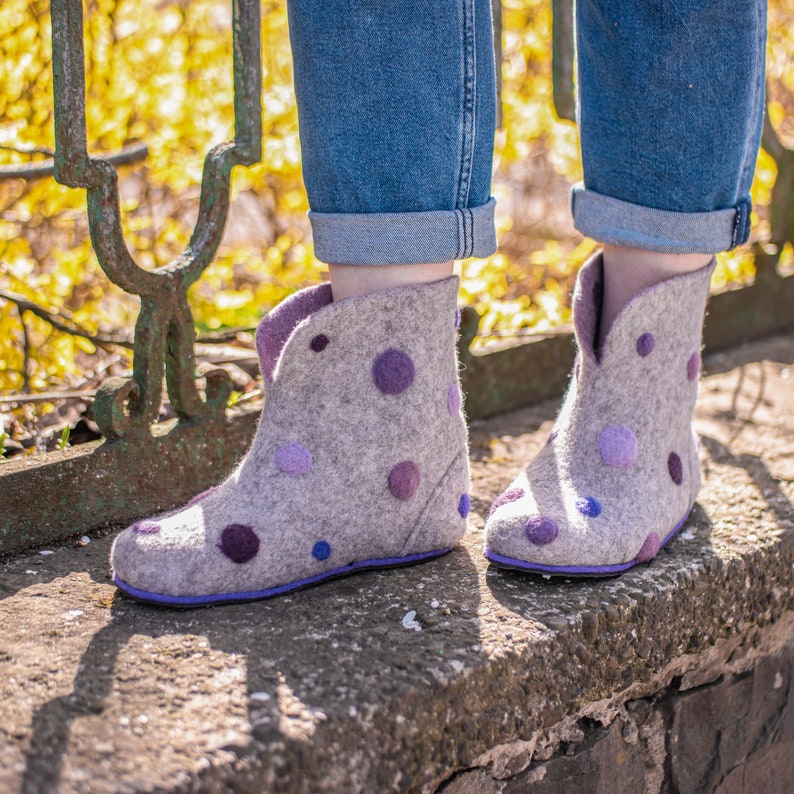 Women's Valenki Grey Wool Shoes Ankle Felt Boots With Polka Dot Great