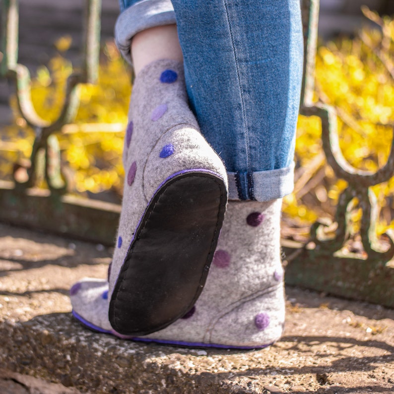 Women's Valenki Grey Wool Shoes Ankle Felt Boots With Polka Dot Great