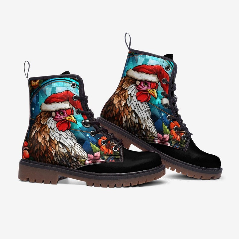 Men's Combat Boots Stained Glass Santa Chicken Boots Goth Shoess