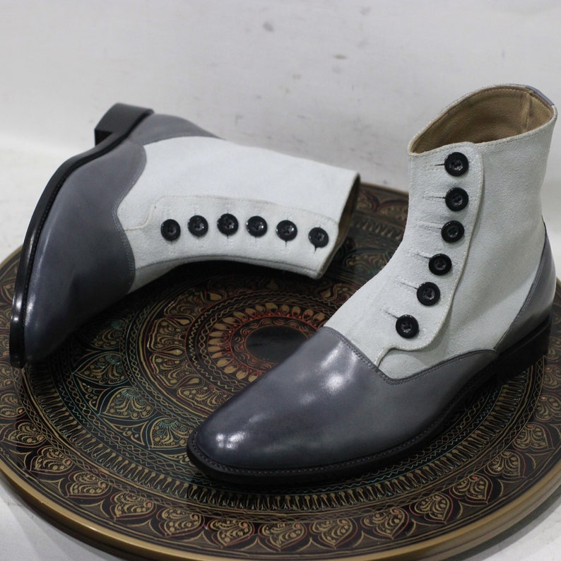 Men's Handmade Leather White Gray Ankle Button Boots Causal