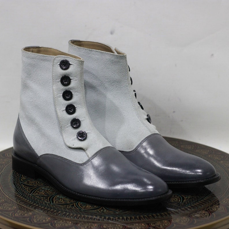 Men's Handmade Leather White Gray Ankle Button Boots Causal