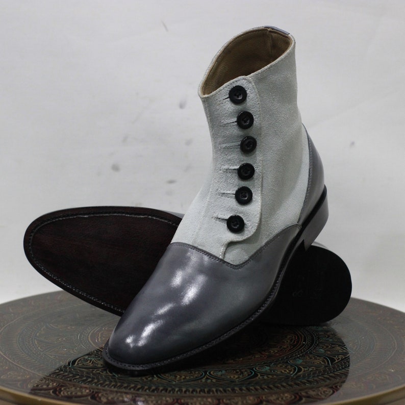 Men's Handmade Leather White Gray Ankle Button Boots Causal